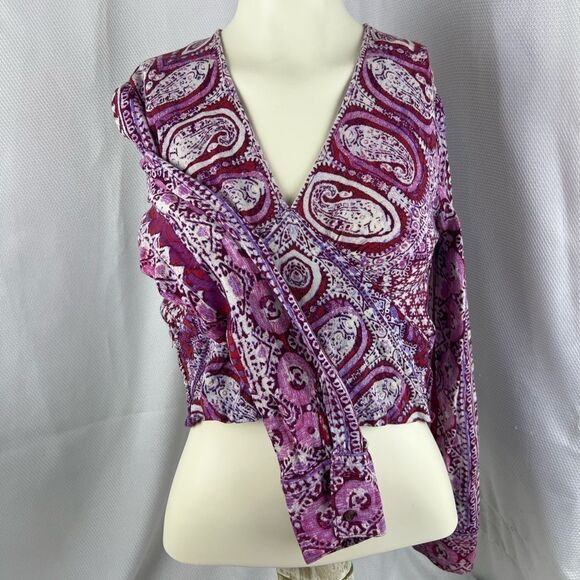 Free People Womens Red Wild Patterned Paisley Print V-Neck Crop Blouse Top XS - Picture 3 of 12